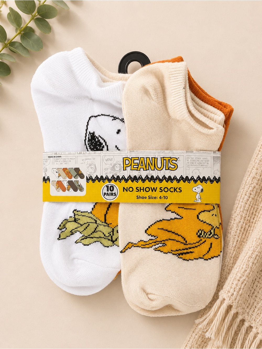 Peanuts 10-Pack Women's No-Show Socks - White, Cream, Orange